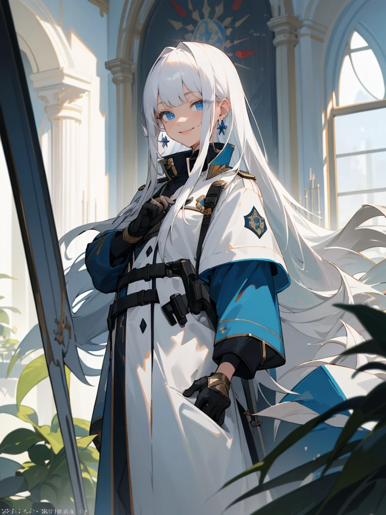 (masterpiece, best quality), white hair, long hair, plant, looking at viewer, blue eyes, combat uniform, long sleeves, indoors, bangs, coat, solo focus, standing, 1woman, 20 years old, smile, jewelry, earrings,