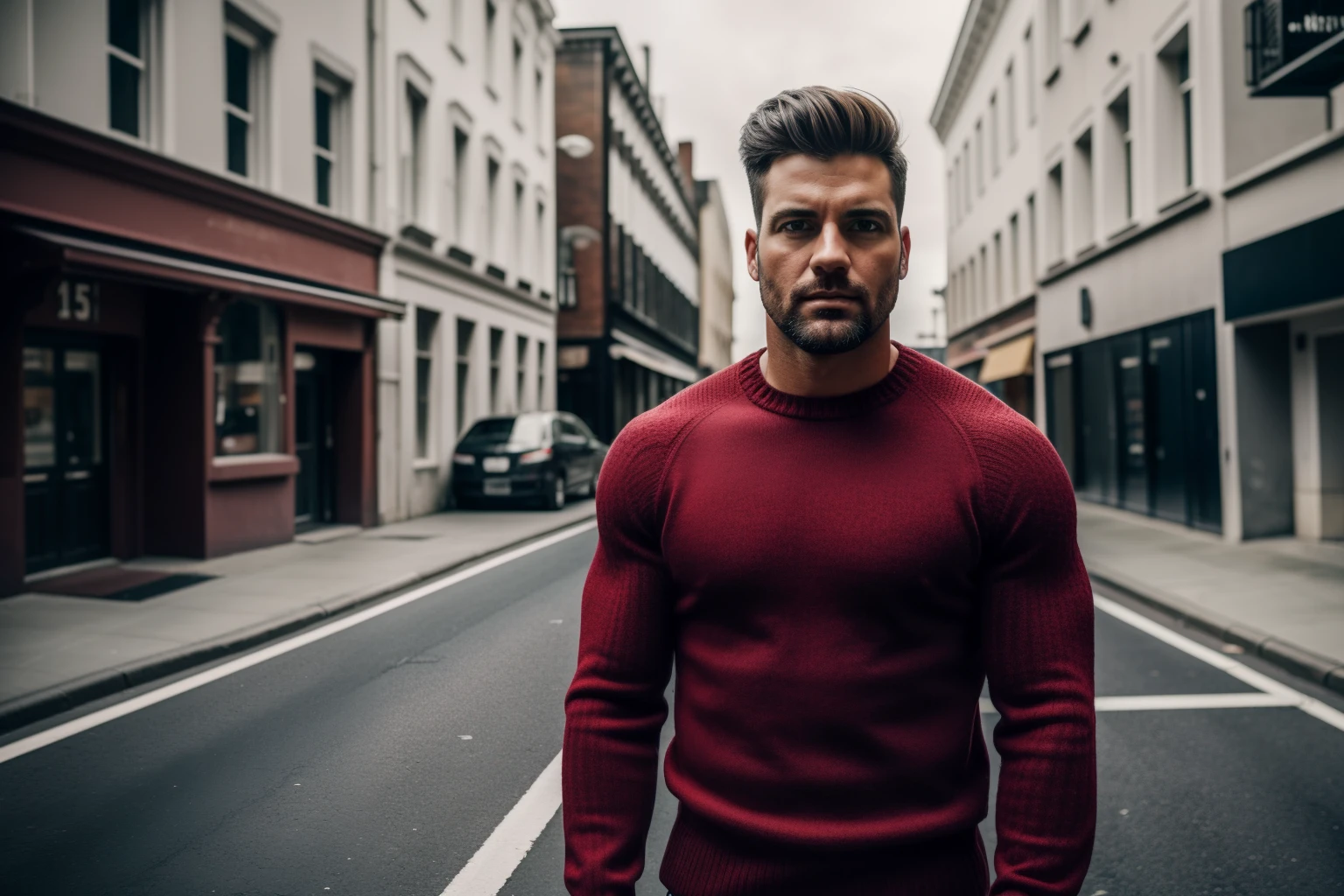A confident full-body 35-years old muscle male model in a red jumper, poising on an street, medium: photo hyper-realism, style: edgy street fashion meets contemporary art, lighting: dramatic contrast with a mix of artificial and natural light, colorold and gritty with a focus on the textures of the jumper and street, composition: Nikon D850, AF-S NIKKOR 50mm f/1.8G lens, Resolution 45.7 megapixels, ISO sensitivity: 200, Shutter speed 1/125 second, close-up shot with a focus on the jumper, street art as a backdrop --ar 16:9 --v 5.1 --style raw --q 2 --s 750