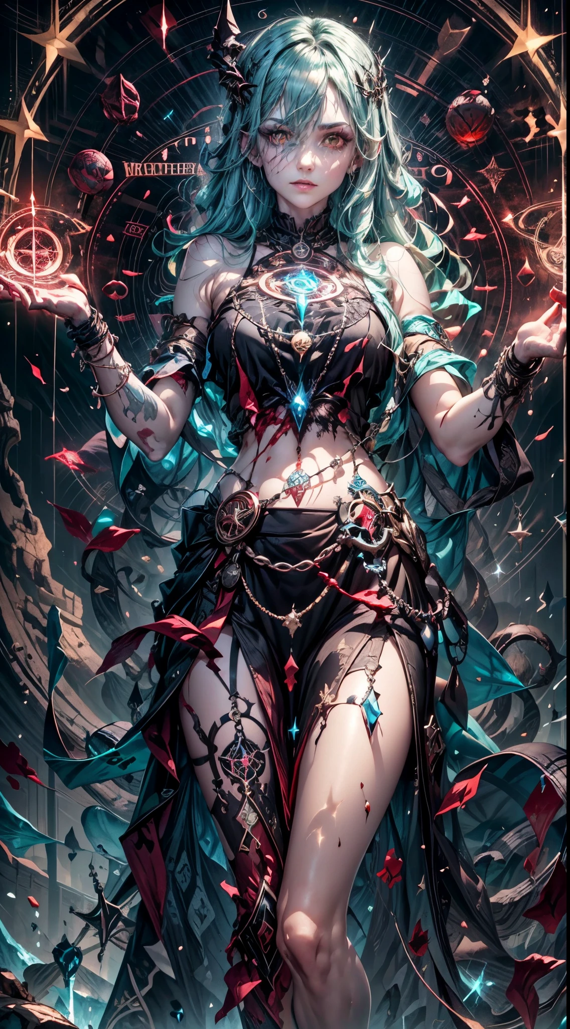 ((Masterpiece: 1.4, Best Quality))+,(Ultra Detail)+, Official Art, Unity 8k Wallpaper, Ultra Detailed, Beautiful, High Quality, Beautiful, Masterpiece, Best Quality, a seductive female necromancer,(medium Chest), casting a magic spell,Full Body, Standing Painting, , Red Straight Hair, Gloomy glowing Eyes, astral Black Little Snake, Red golden Jewelry, Studs, Black Lace Flats, Asymmetrical revealing Skirt, Blood Stains on Skirt, Devil, Skeleton, summoning undead,Lots of Lace, dark aura, green and azure lightning, energy cracking, magic crest, magic circle on the ground, death ritual, energy ball, dark chain, shattered debris of destruction background, dark spirit, astral snake spirit, magic circle