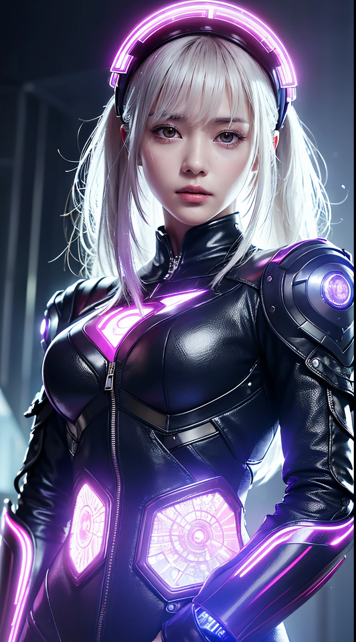 quality、tmasterpiece、超高分辨率、(真实感:1.4)、RAW photos、white mecha、White porcelain body、Acrylic transparent cover、White hair、Skin glows、1 robot girl、((Ultra-realistic details))、Potrat、globalillumination、cellshading、Octagon rendering、8K、Super sharp、Character edge light,Original leather、Intricate decorative details、Aztec details、Hydraulic cylinder、Small LED light、highly intricate detail、True ray tracing、a purple eye、Radiant in front of the camera、neon light detail、Futuristic headgear、About cyberpunk、、