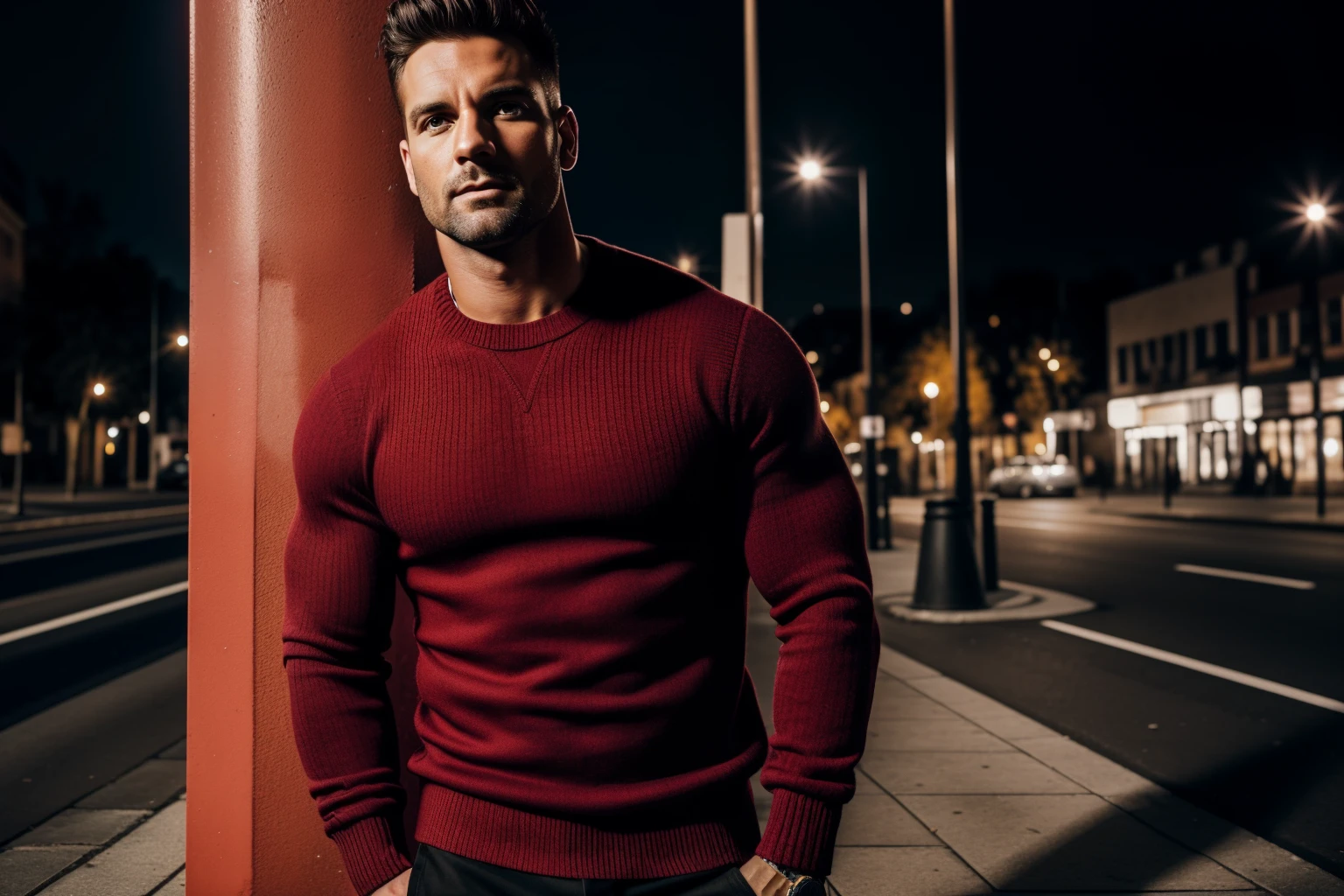 A confident full-body 35-years old muscle male model in a red jumper, poising on an street, medium: photo hyper-realism, style: edgy street fashion meets contemporary art, lighting: dramatic contrast with a mix of artificial and natural light, colorold and gritty with a focus on the textures of the jumper and street, composition: Nikon D850, AF-S NIKKOR 50mm f/1.8G lens, Resolution 45.7 megapixels, ISO sensitivity: 200, Shutter speed 1/125 second, close-up shot with a focus on the jumper, street art as a backdrop --ar 16:9 --v 5.1 --style raw --q 2 --s 750