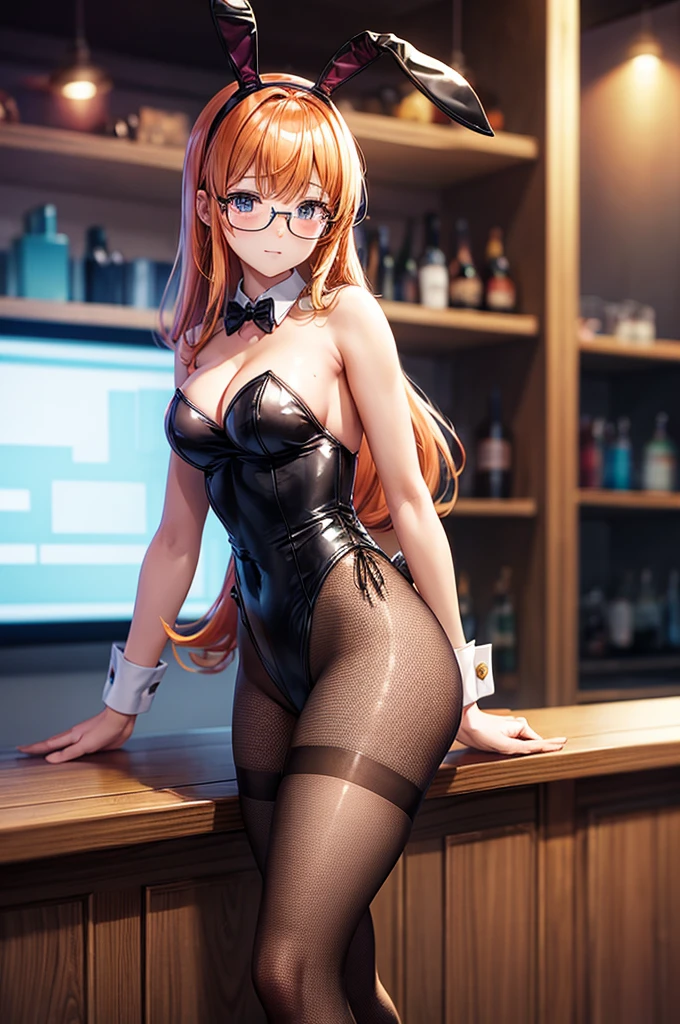 (Best Quality, masutepiece), depth of fields, Blurry background, cowboys_shot, thick thighs, Standing, Solo, 1girl in, long orange hair, (Ahoge:0.9), Glasses, Blunt bangs, Purple eyes, (full-face blush), ((Playboy Bunny, pantyhose, Bunny ears, highleg, highleg leotard, Black Leotard, Leotard)), a bar counter, nightclubs, Night,