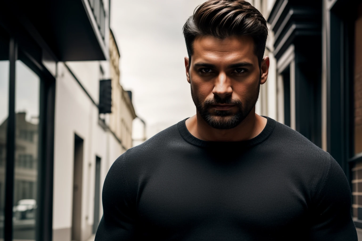 A confident full-body 35-years old muscle male model in a black jumper, poising on an street, medium: photo hyper-realism, style: edgy street fashion meets contemporary art, lighting: dramatic contrast with a mix of artificial and natural light, colorold and gritty with a focus on the textures of the jumper and street, composition: Nikon D850, AF-S NIKKOR 50mm f/1.8G lens, Resolution 45.7 megapixels, ISO sensitivity: 200, Shutter speed 1/125 second, close-up shot with a focus on the jumper, street art as a backdrop --ar 16:9 --v 5.1 --style raw --q 2 --s 750