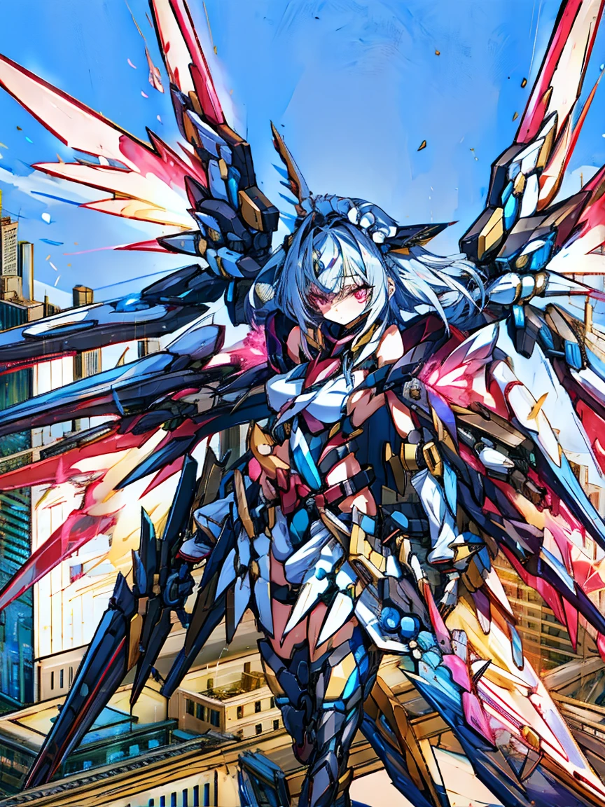 top-quality、ighly detailed、​masterpiece、ultra-detailliert、illustratio、((1girl in))、silber hair、length hair、Floating hair、、Cyber City、Neon building、(The upper part of the body:1.05)、extremely_Detailed_Eyes_And_Face,cybernetic wings mechanical wings、Random posture、Skyscraper、、Mechumusume、shrine maiden clothe,maid clothes、Random angles、anime styled,cowboy  shot