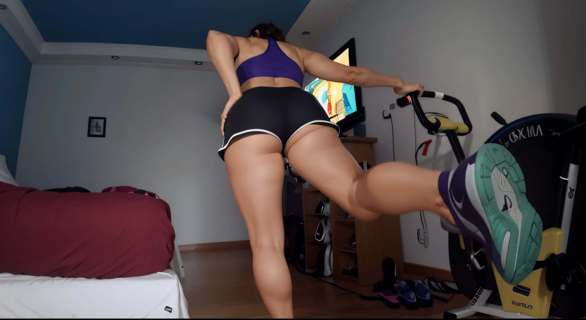 woman in sports bra running on an exercise bike, malhar, Bermudas, Back from Toned, coxas!!!, em uma academia, pernas grossas, pernas fortes, view from behind, view of the back, massive legs towering over you, pernas tonificadas, coxas!!!!!!