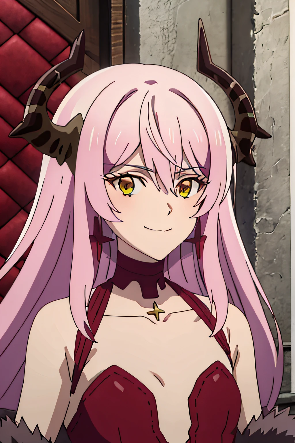 Echidna, 1girl, dress, choker, fur trim, bare shoulders, earrings, collarbone, 1girl, solo, upper body, facing viewer, looking at viewer, smile,