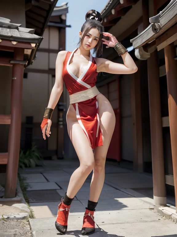 (mai shiranui:1.5), (tabi:2.0), (toe:1.2), (Full body portrait:2.0), Full body, (Realism), (masutepiece:2.0), (Best Quality), (ultra-detailliert), (8K, 4K, Convoluted), (Flat Lighting:1.2), (skinny), Prestige, Brown eyes, Long hair, Brown hair, White ribbon, Sleeveless, poneyTail, sash, pelvis curtain, arm guards, mitts, fascinated expression, Sexy eyes, medium breasts, Smile, Cute, view the viewer, Long hair, Close to Japan temple, (breasts focus:1.2), (Realistic:1.2), (Full Shot: 1.2), (85 mm), light Particle, Lighting, (Highly detailed:1.2), (Detailed face:1.2), (gradients), SFV, Colorful, (Detailed eyes:1.2), (Detailed temples of Japan: 1.2),(Detailed background), (Dynamic Angle:1.2), (Dynamic Pose:1.2), (Line of action:1.2), Wide Shot, Daylight, Solo.