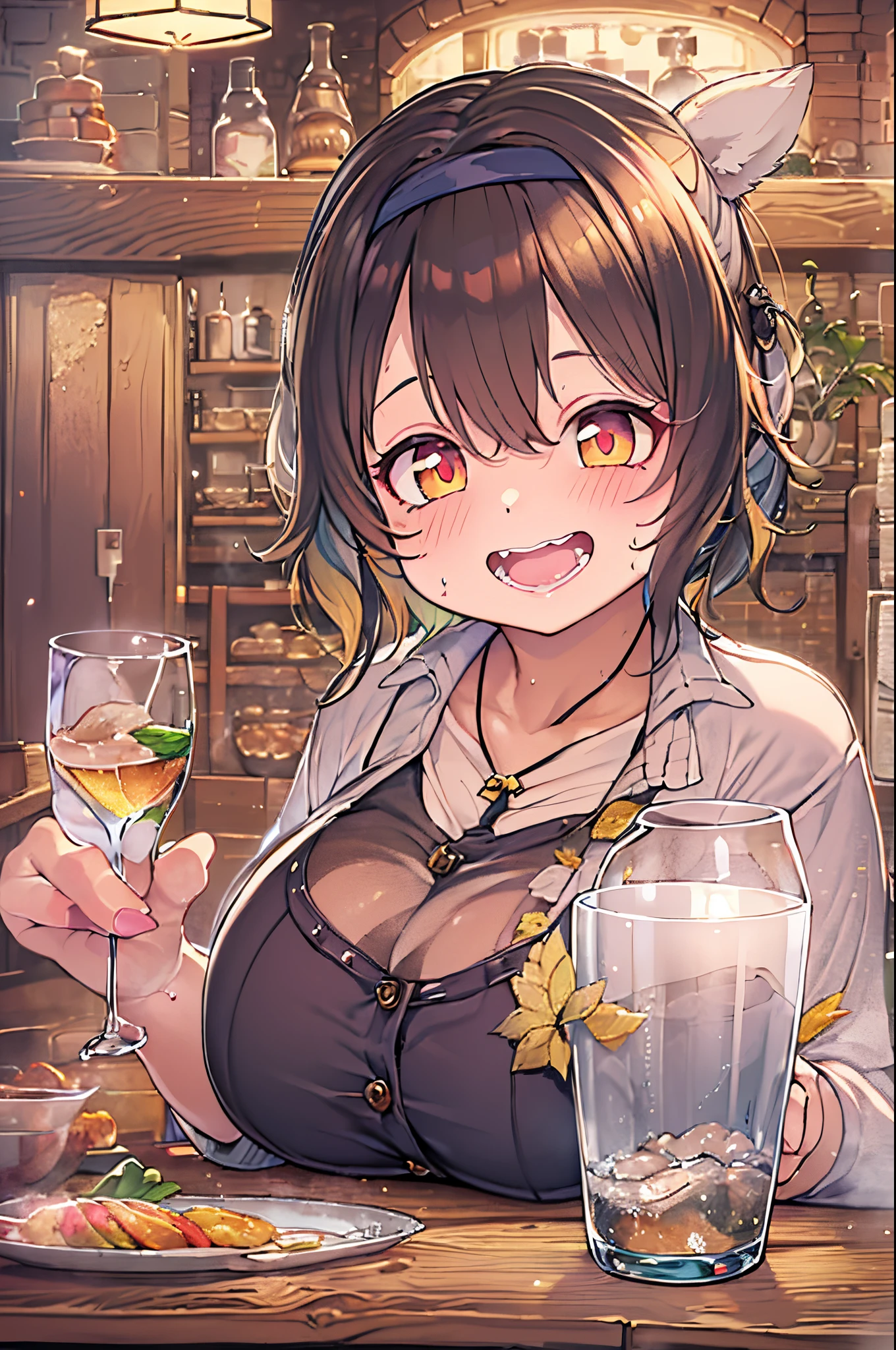 masutepiece, Best Quality, 1人、huge-breasted、bbw、Holding (glass of clear water)、huge smile、In the tavern、red blush