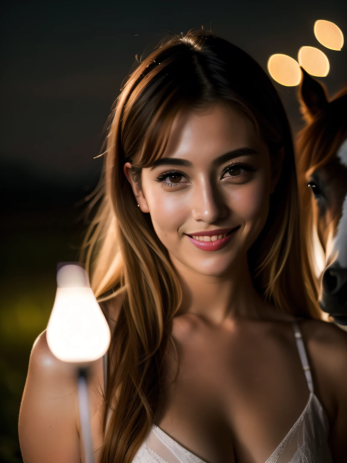 Escena nocturna, Foto de cerca de una chica sexy desnuda, Posando, look at a camera and smile, Pelo rosa de cola de caballo, (ojos verdes:0.8), Linda cara joven, 18 yo, soft volumetric light illuminated:1.3), (Kinematic:1.3), Detalles intrincados, (Artstation:1.2)