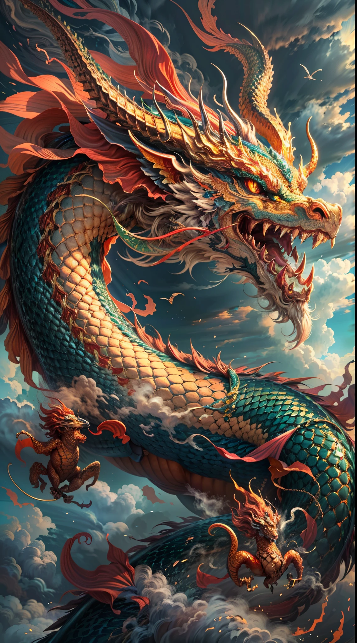 (best quality,4k,8k,highres,masterpiece:1.2),ultra-detailed,(realistic,photorealistic,photo-realistic:1.37),chinese dragon,soaring through the sky,vibrant colors,dramatic lighting,mythical creature,exquisite scales,intricate details,flowing mane,sharp claws,majestic presence,dynamic pose,colossal wings,airy clouds,fiery breath,symbol of power and wisdom,magnificent beast,traditional art style,Eastern culture representation,elegant curves,cultural heritage,poised and strong,fierce gaze,symbolizes good fortune,celestial guardian,serpent-like body,dragon in flight,awe-inspiring presence,holy creature,guardian of the heavens,divine soar,Draconic lore,mythical prowess