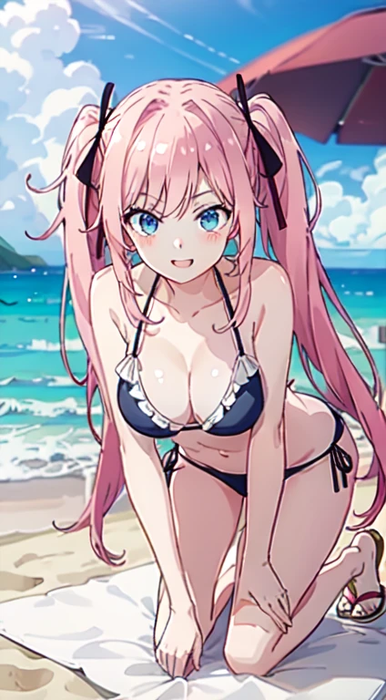 twintail, slim legs,  beautiful eyes, blue eyes, happy, pink hair, long hair, side tie bikini, beach