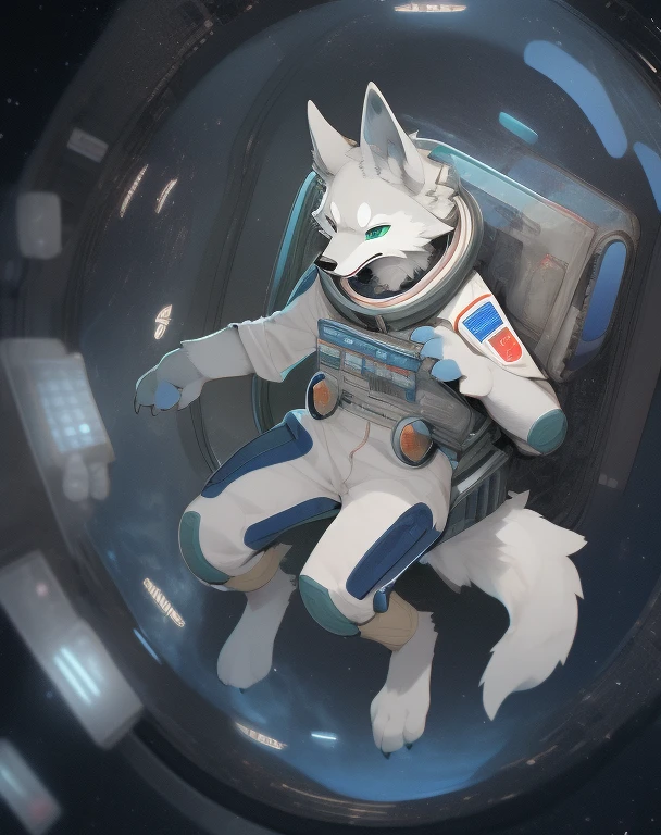 nj5furry, wolf, white fur,white body, kemono, full-length portrait, anthro, male, horns, detailed, hi res, astronaut, slim, universe