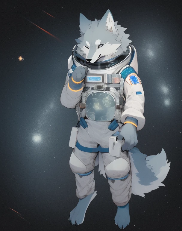 nj5furry, wolf, white fur,white body, kemono, full-length portrait, anthro, male, horns, detailed, hi res, astronaut, slim, universe