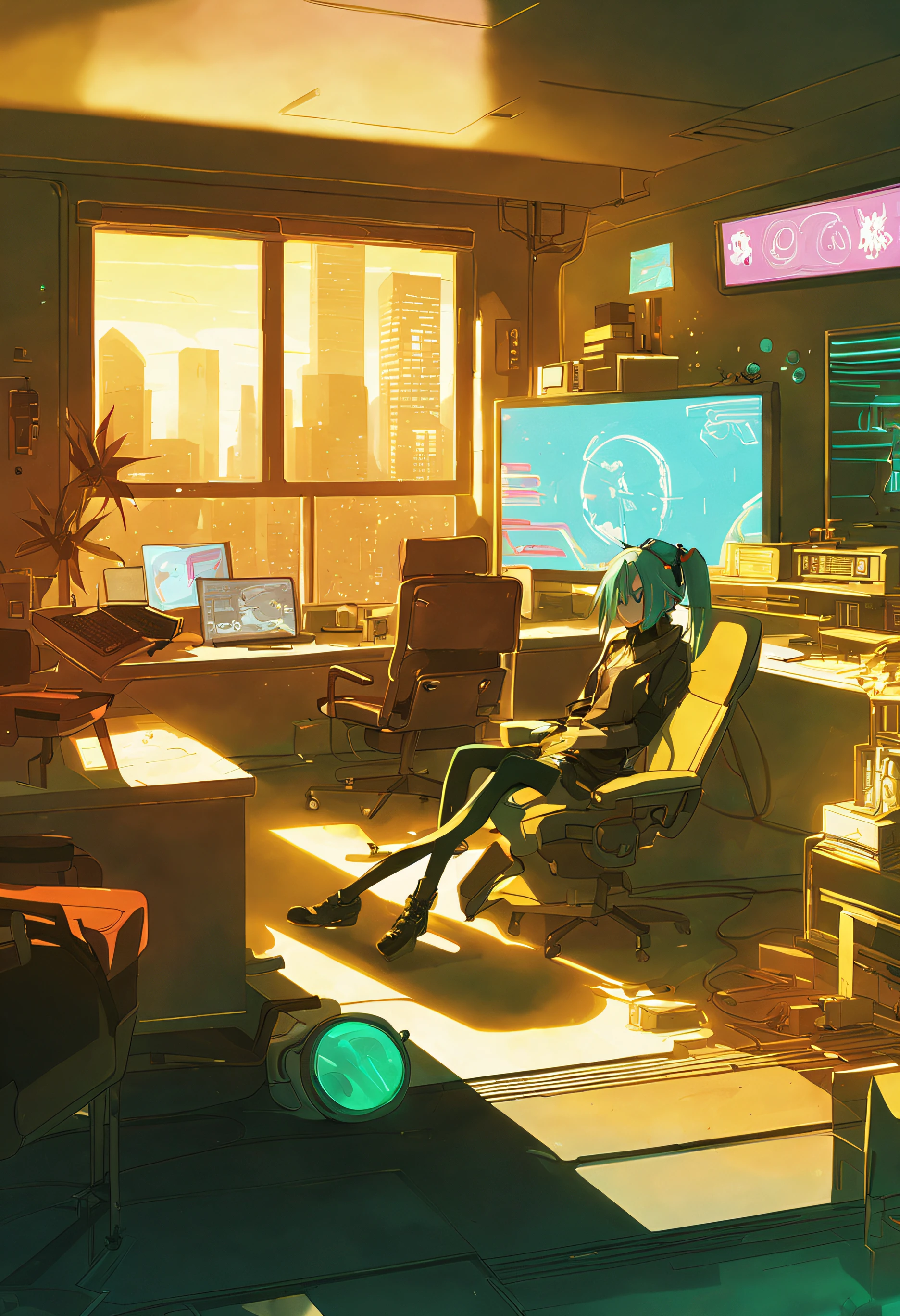 Cyberpunk style cluttered room. more neon. Many machines with unknown uses. Large windows with an open feel. It's sunny outside. Hatsune Miku is sitting on the chair..