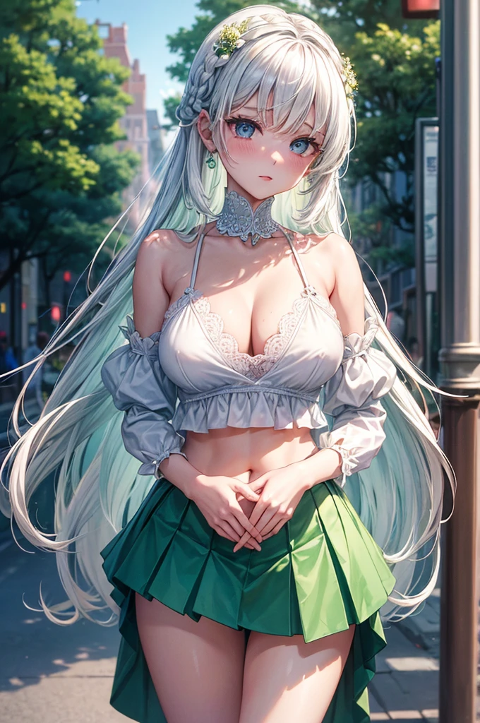 1girl in、white  hair、Green White Dress、verd s eyes、Braids、verd s eyes、Bare legged、 jewely、hand on the breasts、see -through、see the beholder、hair adornments、a choker、full of shyness、 (​masterpiece、top-quality、top-quality、Official Art、Beautifully Aesthetic:1.2)、(1 girl in)、ighly detailed、colourfull、highestdetailed、 (huge tit:1.2、)The upper part of the body、frombelow、cammel toe、white  panties、skirt rift、 城市、a street、suns、云、walls、Leaning、Navel