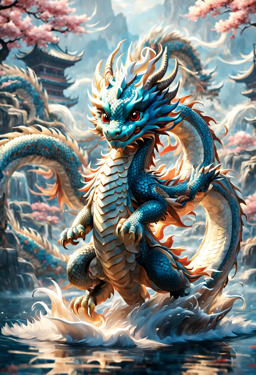 Cute Chinese Dragon, cute animal, dynamic pose, floating, cloud, wind, water drops, enhance, intricate, (best quality, masterpiece, Representative work, official art, Professional, unity 8k wallpaper:1.3)