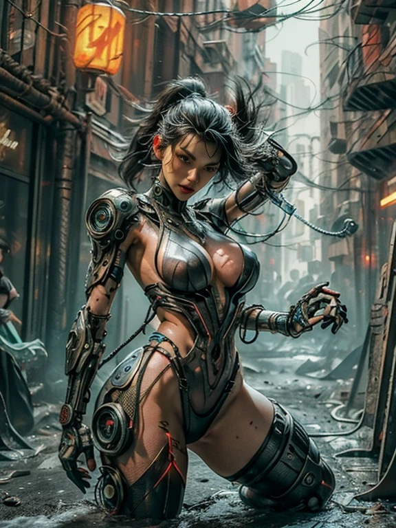 1 chica cyberpunk, pechos grandes, Equipo cyberpunk NSFW, Disparo de vaquero, dynamic  pose, futuristic, mechanical aesthetics, maquinaria compleja, Futuristic city high-tech lighting scene in the background, Motor Virtual 5, cinematic lighting.