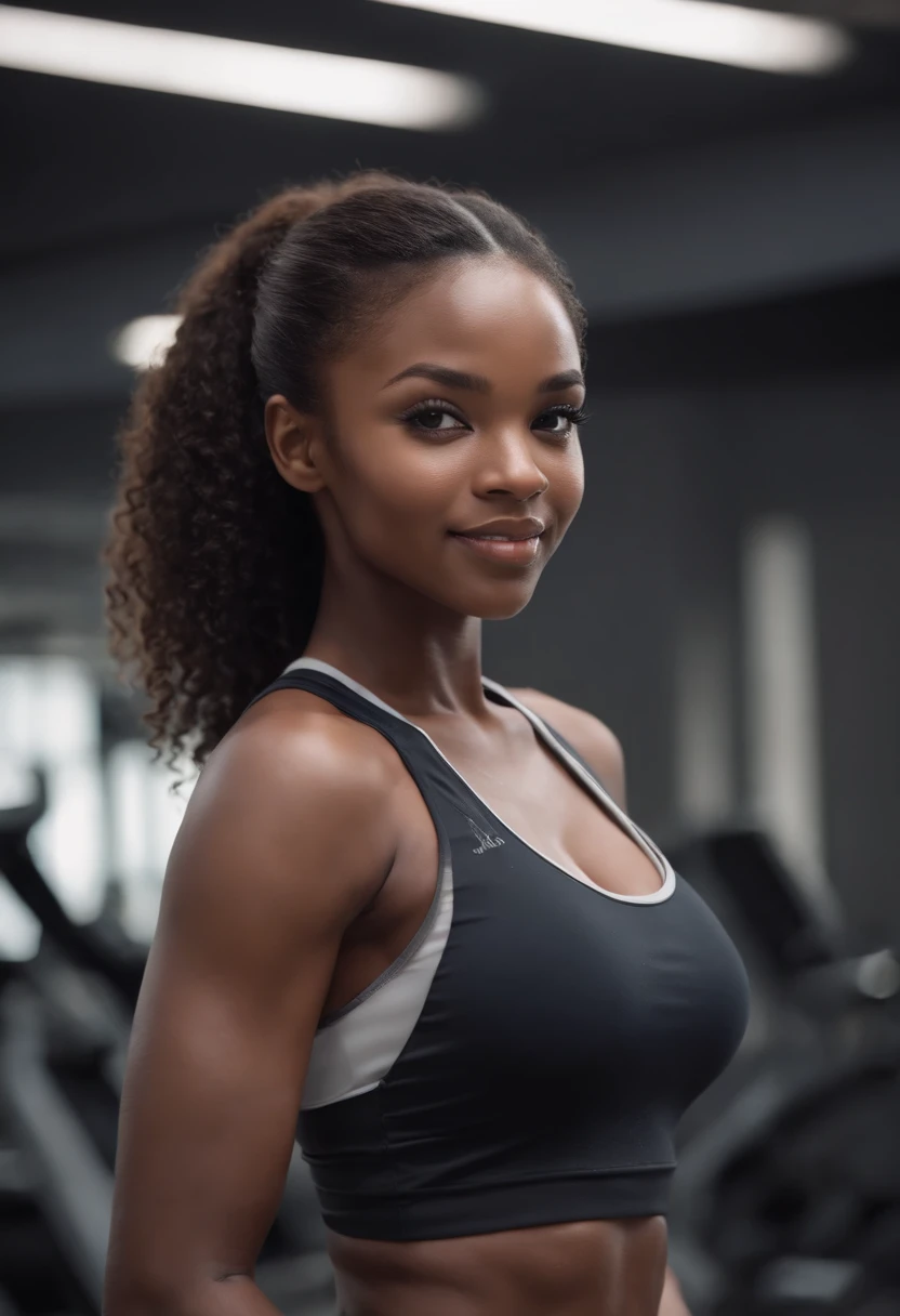 ((Dark African skin, Very deep ebony skin)), ((Its beauty undeniable)), ((Excited cute face)), ((Hyper detailed perfect eyes,)), ((pose mignonne)), ((Langue sortie)), ((Seductive )), sexy, (( tight sport clothes)), ((Afro ponytail with long African curly hair,)), (( peau)), ((debout, vue de face)), ((toucher ses propres jambes dans une pose sexy)), ((gym, sportschool)), Sharp Focus CGI, photoreallistic, High detail, Realstic, Masterpiece, absurdes, Best quality, Hdr, High quality, high-definition, Extremely detailed, 8k wallpaper, Intricate details, 8K UHD, Full-HD, (photo realist:1.2), contraste, intense illumination, lighting cinematic, natural lighting, veilleuse, Nuit, Illumination globale, Ambient occlusion at the gym, a la piscine African women、Female sexy、a smile、Micro sport clothes in the gym、sodden、She's wet