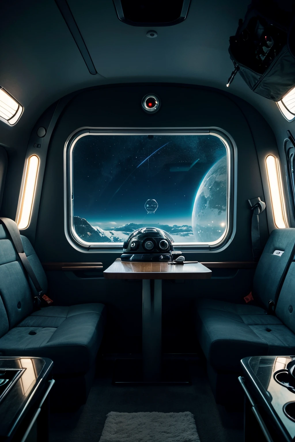 A cosy spaceship interior with a big sci fi window
