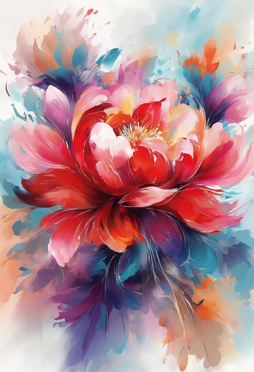Draw an abstract painting of a single flower.,bright red peony flower、use acrylic paint、Abstract artist known for his unique use of acrylic pouring, real brush strokes,aesthetic composition,Minimal style, hali々Smooth brushstrokes、gorgeous shape、Bright red peonies symbolize pride and dignity.........、express feelings of pride、Rich and powerful colors that are the main colors of the work.、Add moist compacted sand、Enhances the texture and tactile elements of your artwork, While staring at this image, oot、Interaction of color and texture、Proudly、Immerse yourself in an elegant atmosphere、full of pride