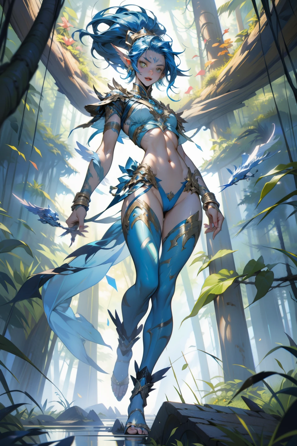 (masterpiece, best quality, high quality), RAW photo, (good body, good proportion, good anatomy, good fingers, good hands), detailed skin, detailed face, blue skin:1.2, Neytiri, avatar \(movie\), bracelet, yellow eyes:1.4, jewelry, forest, jungle, clouds, fog, floating island, depth of field photo of (sks woman:1), Billie Eilish, (18 year old), small breasts, nude, with bow in hand, full body in view, (small boobs), ultra skinny, athletic, muscular, pubic hair, exposed vagina, light smile, underboob strap, headstrap, skinny hips, mad baring teeth,