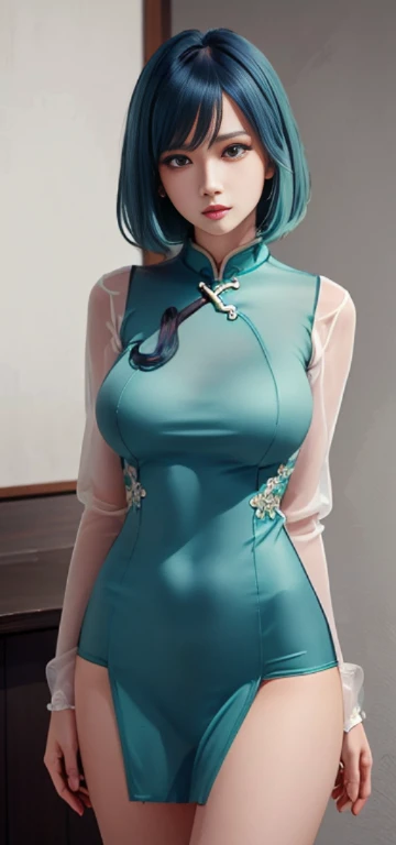 akanekurokawa, 1girl, blue hair, green eyes, bangs,(Hyperrealistic), (illustration), (high resolution), (8K), (Extremely detailed), (Best Illustration), (Beautiful detailed eyeest quality), (Ultra-detailed), (Masterpiece), (the wallpaper), (Photorealistic), (Natural light), (rim lit), (Detailed face), (Highly detailed realistic skin textures), (Anatomically correct), (Solo), (1 girl), (high detailed realistic hair), (Blue hair:1.2), spiked hair, (Heterochromic eyes), (detailed green eyes), (Small moles under the eyes), (Realistic big breasts:1.5), (Exposed breasts:1.3), (Long legs), (Slender abs), (Dynamic pose), (Closed mouth:1.3), (traditional cheongsam outfit), (Sheer clothes:1.5), NSFW,nakeness