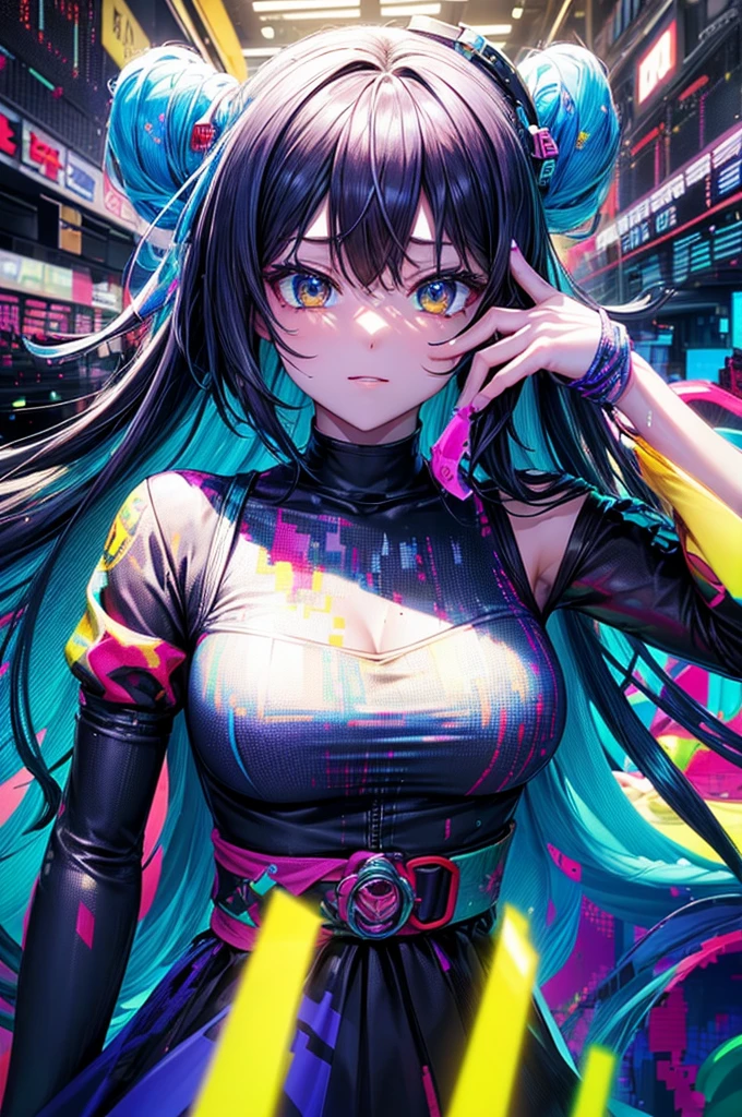 (Front Focus),(In the Dark:1.6),, (masutepiece, of the highest quality, best, Official art, Beautiful and aesthetic:1.2),(masutepiece, of the highest quality, Best Quality, Official art, Beautiful and aesthetic:1.2),(masutepiece, of the highest quality, Best Quality, Official art, Beautiful and aesthetic:1.2), 1girl in, glitch art, (digital distortion), pixelated fragments, data corruption,Colorful Noise, visual chaos,modern aesthetic