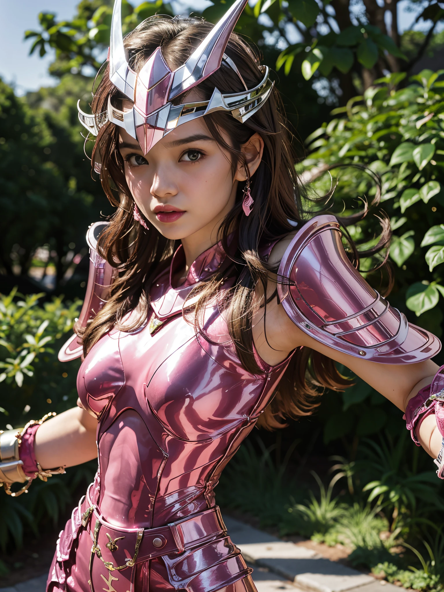 1 girl, krface1,
(MASTERPIECE:1.2),(REALISTIC:1.4),8K,solo, (detail skin:1),realistic skin texture,best lighting,ฺStand up,
best quality, photorealistic, masterpiece, 8k, high res, solo, (professional lighting, bokeh), extremely detailed face,
 Andromeda Shun holding a chain, looking at the camera,((wearing a pink helmet)),
((Girl wearing pink full armor)), green pants, female focus, ashionable and trendy atmosphere, japan, street,