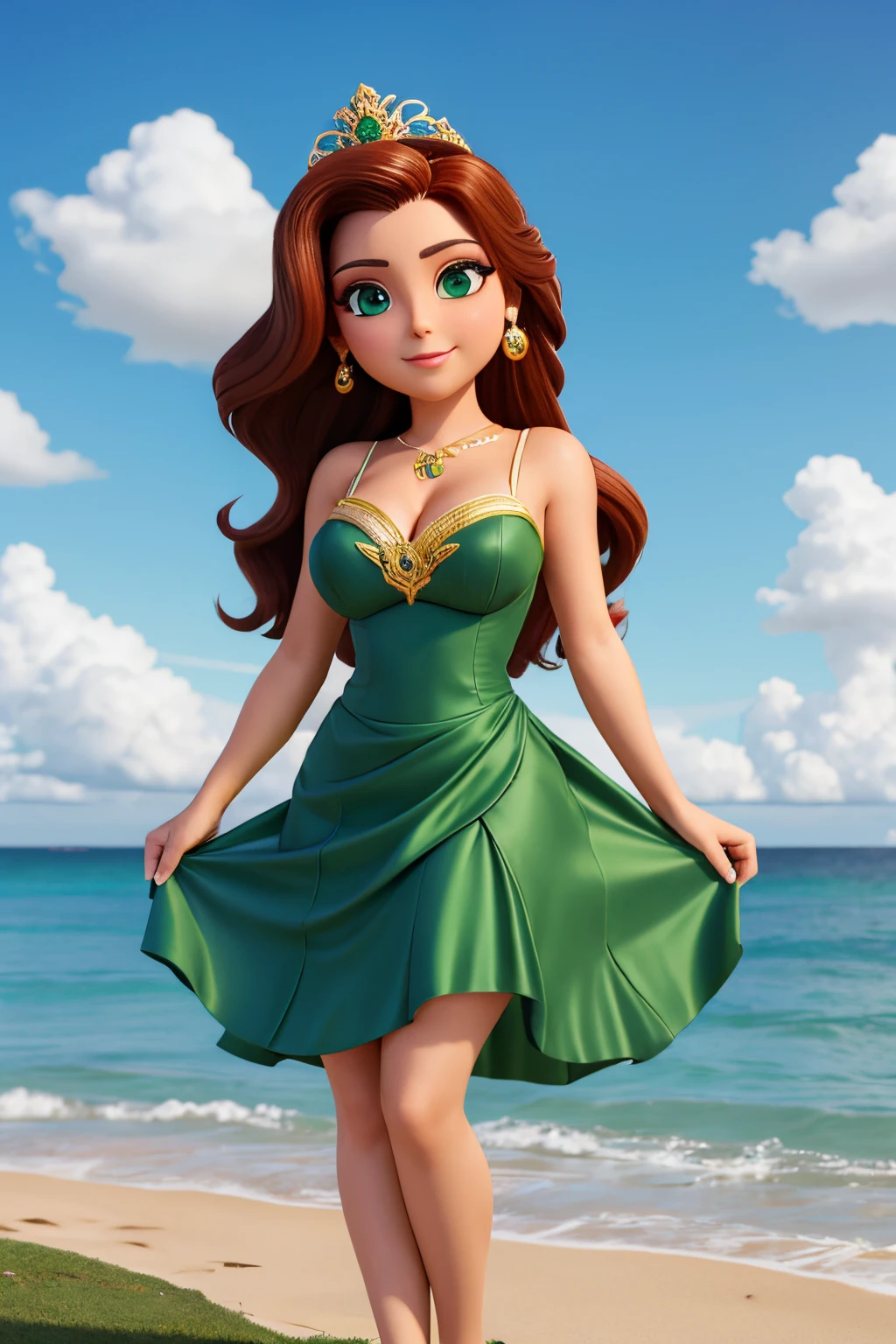 Mulher curta apresentadora elegante, sentada, pele clara, cabelo castanho longo e crespo, sardas, olhos-verdes, no imperfections, desenho animado