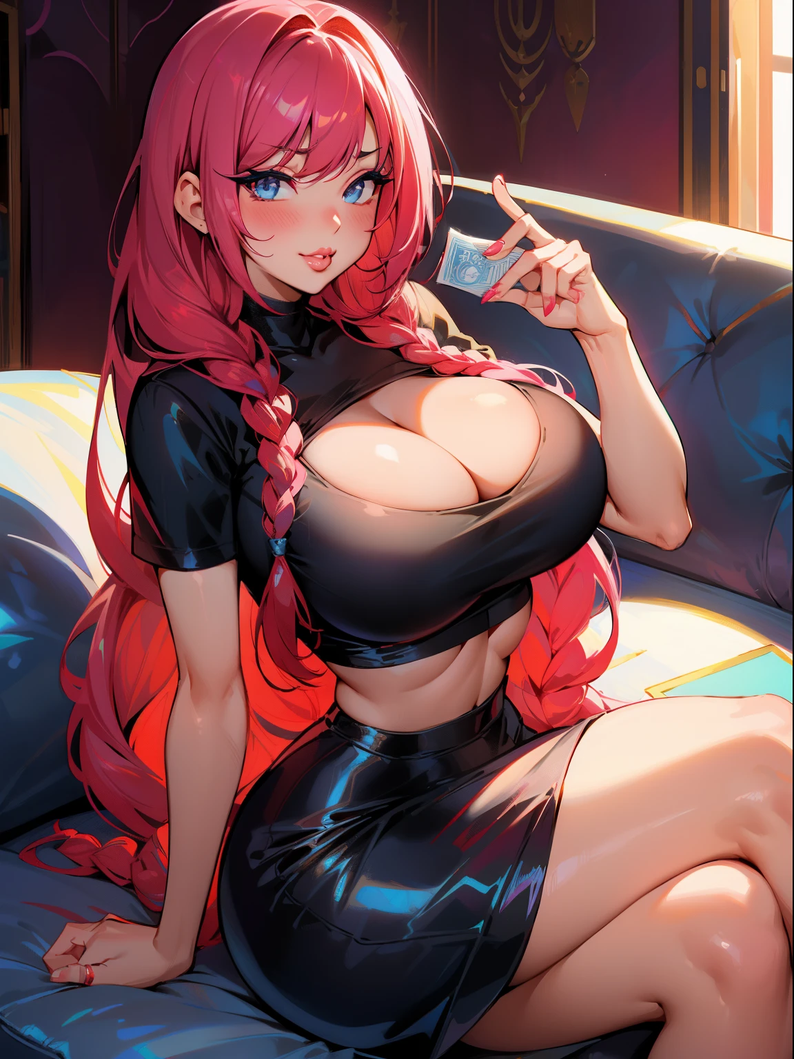 blush, cleavage,glowing aura, natural light, masterpiece, glossy skin, juicy lips ,long hair, cute, kawaii, adorable, reaching up, , cuddle, kawaii clothes,random hair style,sexy, hot, , random expression, blue eyes, smirk, braids, cleavage, puckered lips, juicy lips, bimbo, hour glass, , ass focus, tight skirt,black skirt, t-shirt, maroon hair, red lips, no bangs, ((no bangs)), ((no fringe)) (no hair on forehead), holding money, sitting down cross legged, ((holding money))