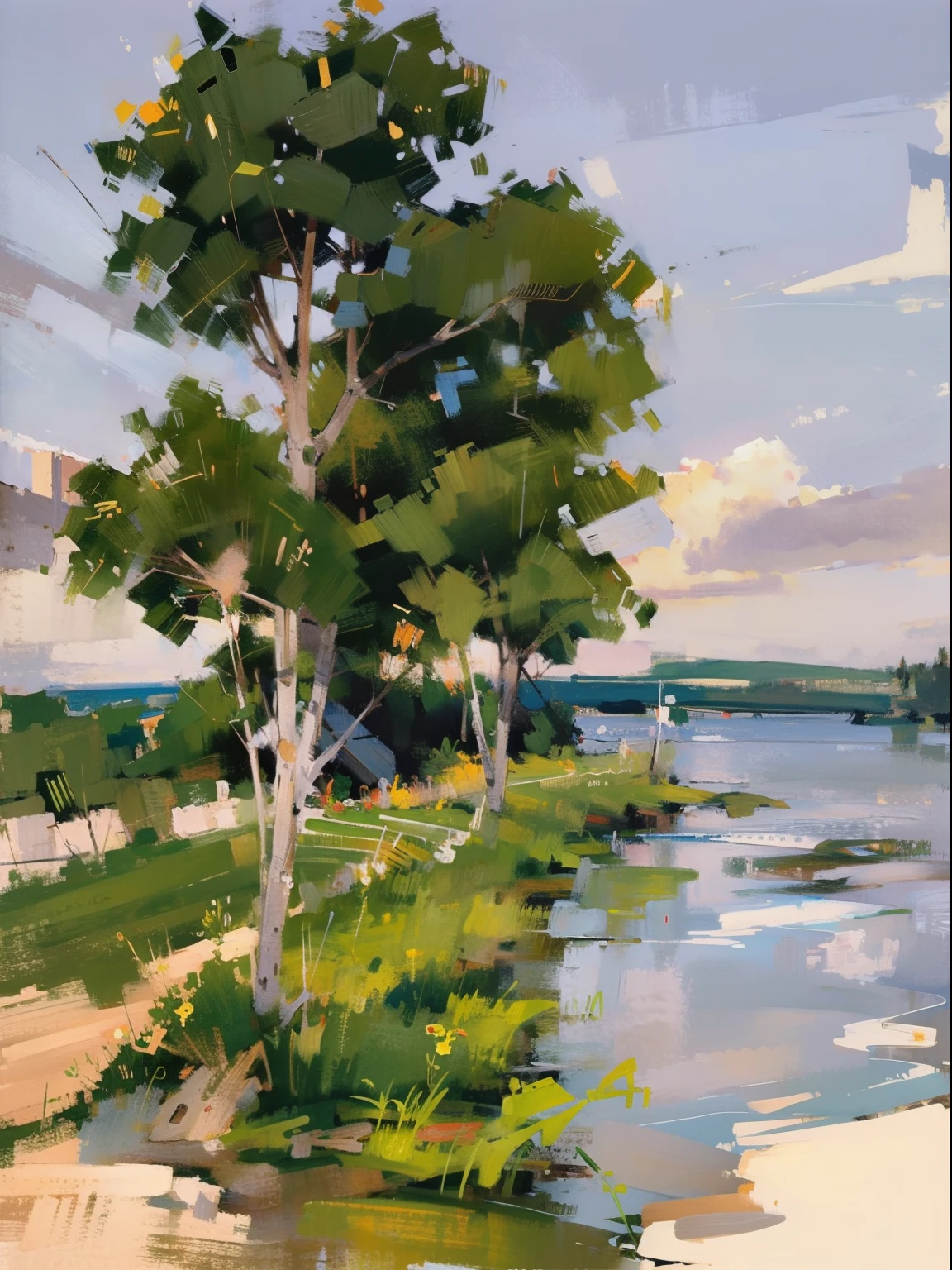 There a river drawn there,barge,Oil brush strokes, with trees and rivers, weeds,In the distance the dusk sky,Glistening water at sunset