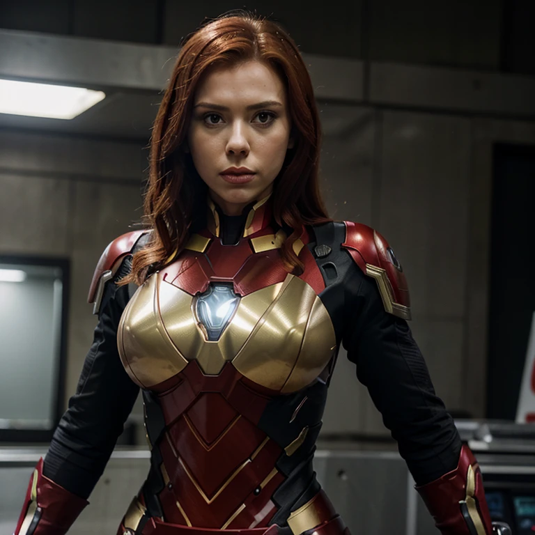 An image of Black Widow wearing Iron Man armor. Corpo inteiro