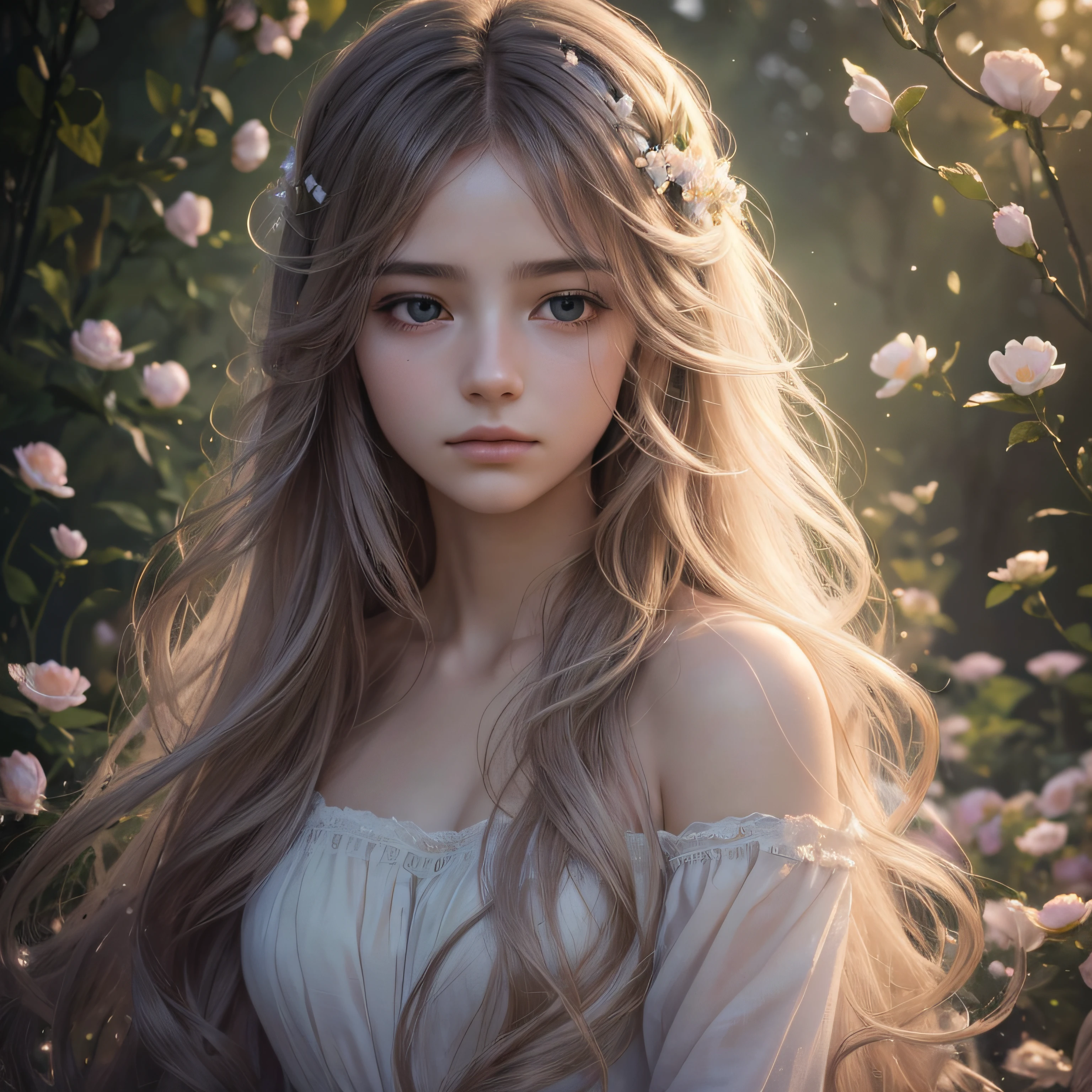 A woman with long hair and a white dress standing in a field of flowers ...