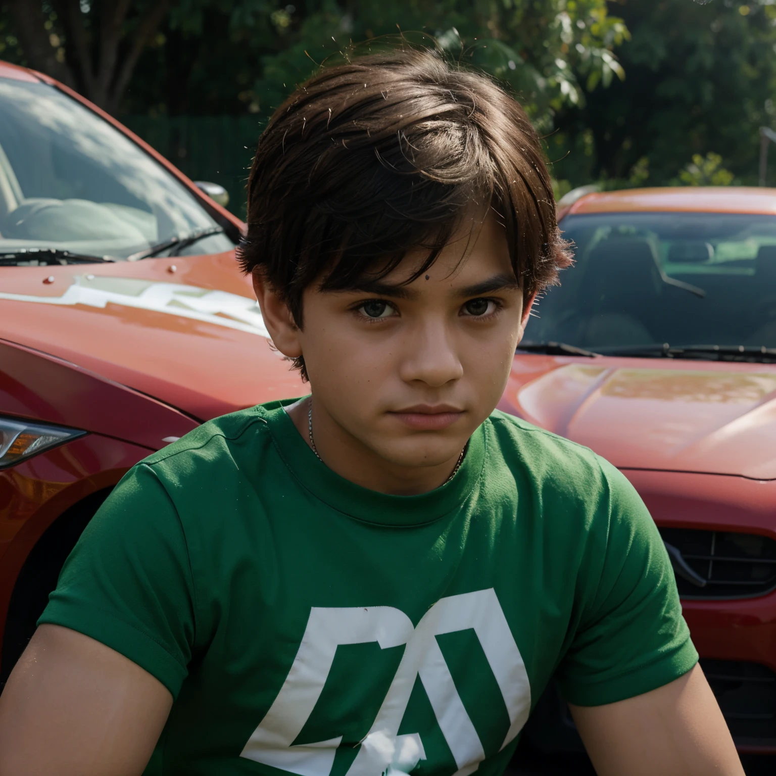A boy with PTI shirt red And Green Background car