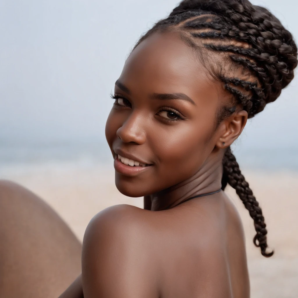 ((Very Dark African skin)), ((Very deep ebony skin)), ((Its beauty is undeniable)), ((Excited cute face)), ((Hyper detailed perfect eyes)), ((Braided African hair)), ((attitude playful)), ((Seductive)), ((sexy)), ((skin)), mulher negra, Beautiful, Camel toe, maximum resolution, 8k, renderizado, mulher, Wearing tight clothes and smiling at the camera, She's having a squirting orgasm. Alta qualidade, technological scenario.