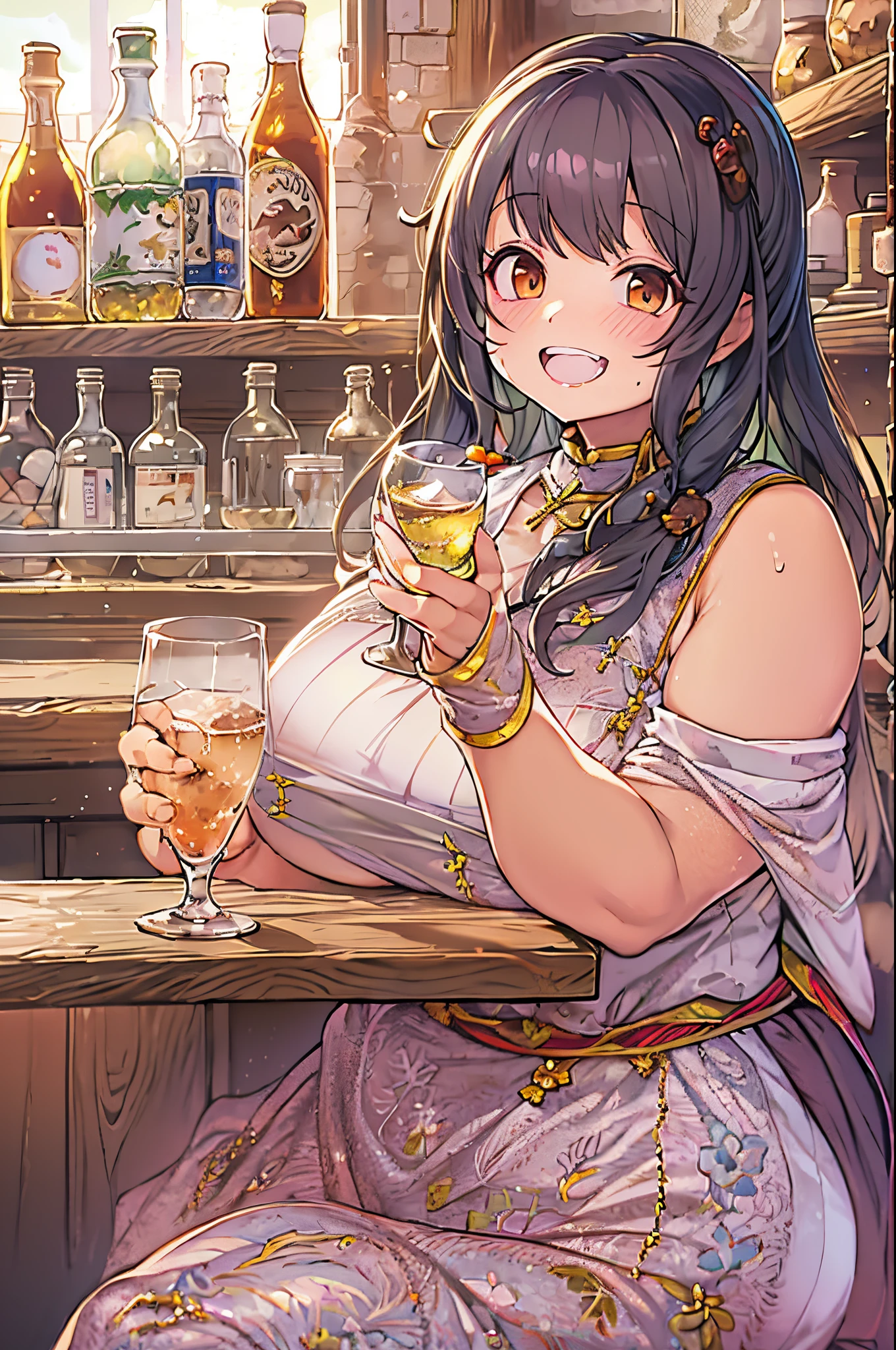 masutepiece, Best Quality, 1人、huge-breasted、bbw、Holding (glass of clear water)、huge smile、In the tavern、red blush、sake、drinking water