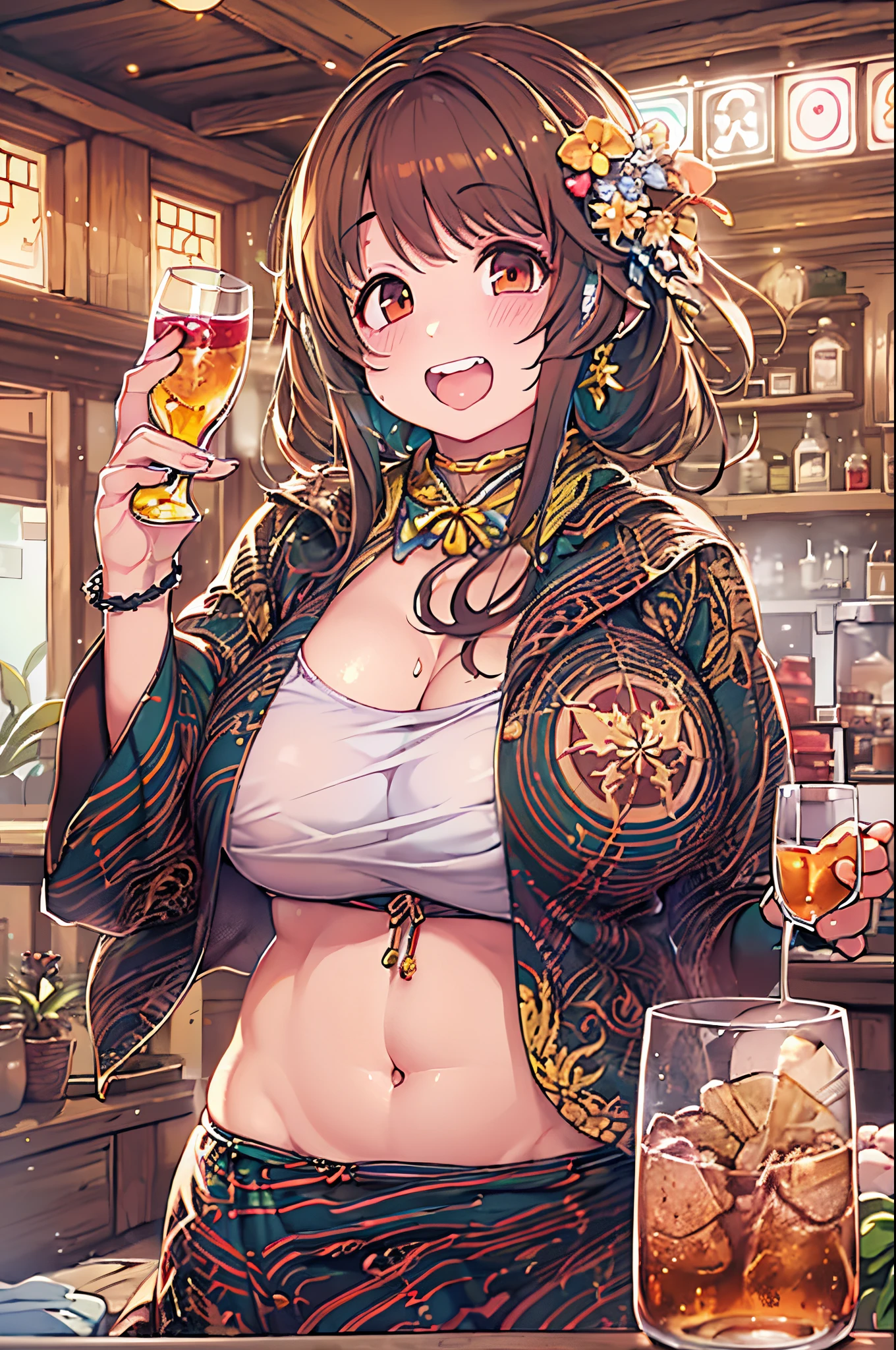 masutepiece, Best Quality, 1人、huge-breasted、bbw、Holding (glass of clear water)、huge smile、In the tavern、red blush、sake