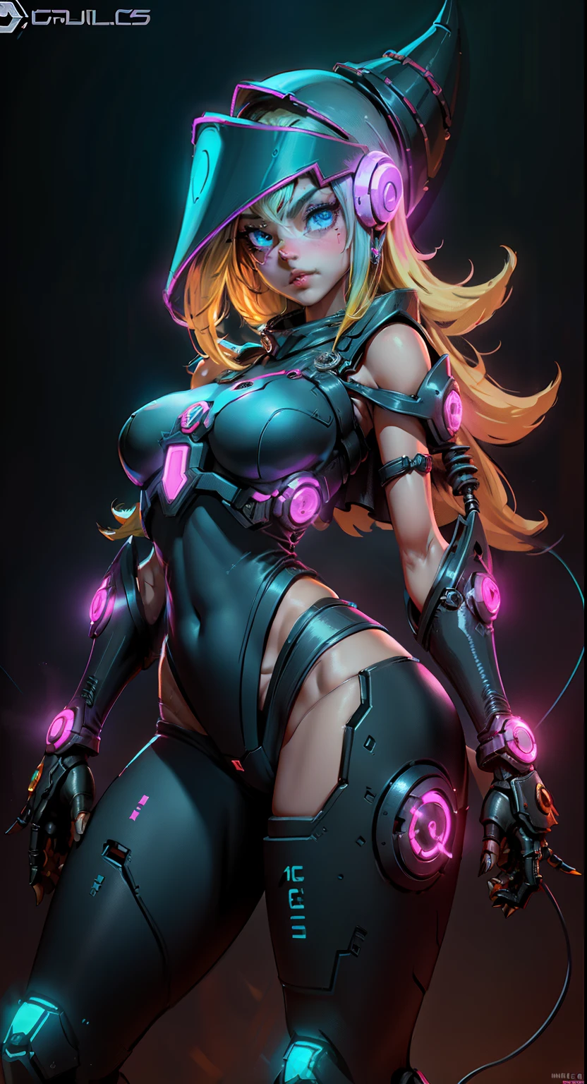 Dark magician gils. cuerpo mecanico sanguijuela，Chica de bits，caricaturesco，Q Version，robotic arm，Trazado de rayos，CG，neon light