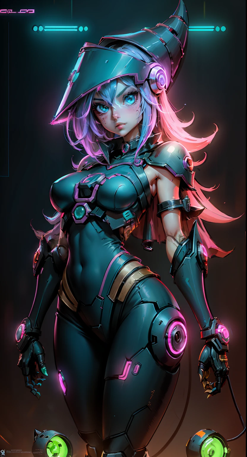 Dark magician gils. cuerpo mecanico sanguijuela,Chica de bits,caricaturesco,Q Version,robotic arm,Trazado de rayos,CG,neon light