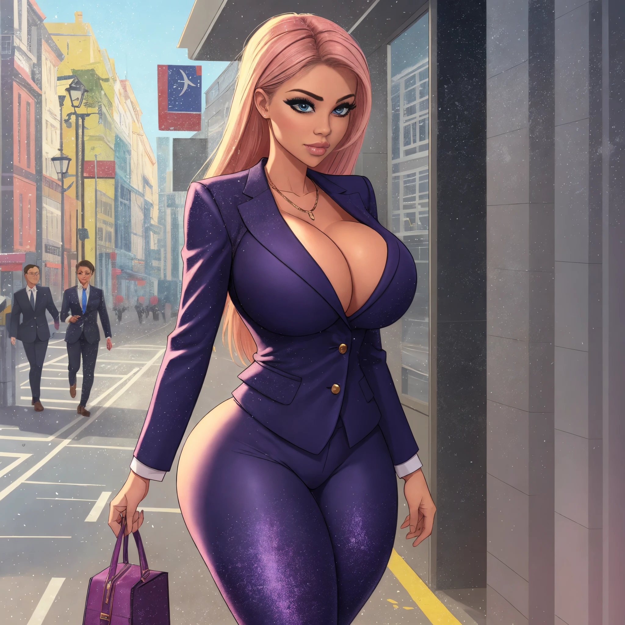 1 girl, 30 year old girl, Walking forward down the street, round breasts, big boobs, wide thighs, thicc, big booty, big ass, In a business suit, Cartoon, 8K, 4K, HDR