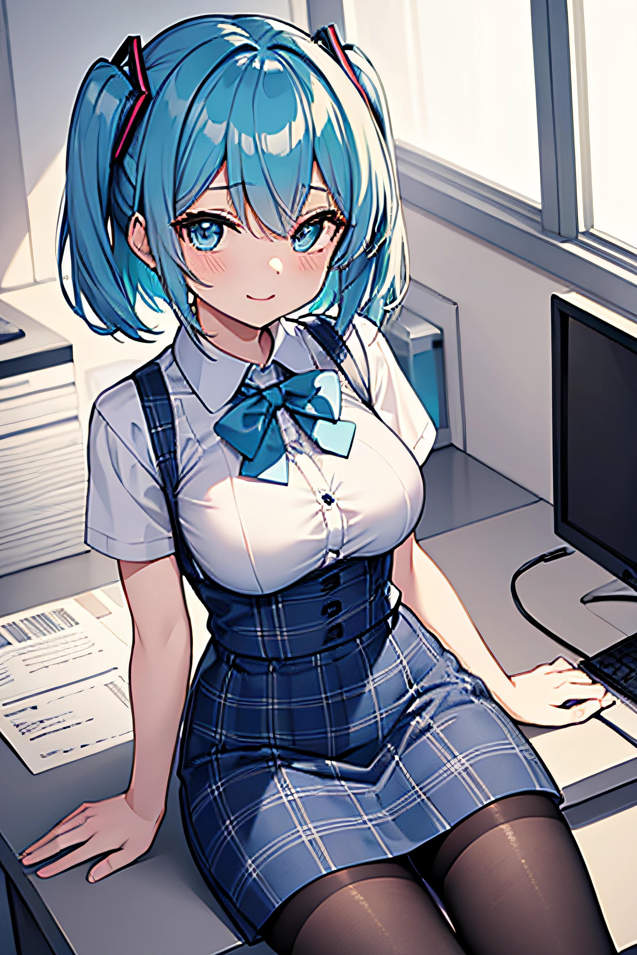 ​masterpiece、Top image quality、超A high resolution、miku hatsune、blue hairs、Twin-tailed、Short hair、Smile、OL Costume、White dress shirts、Plaid vest、Monochromatic pencil skirt、firm breasts、well-shaped breasts、Black pantyhose、Employee ID card hanging from the neck、Office