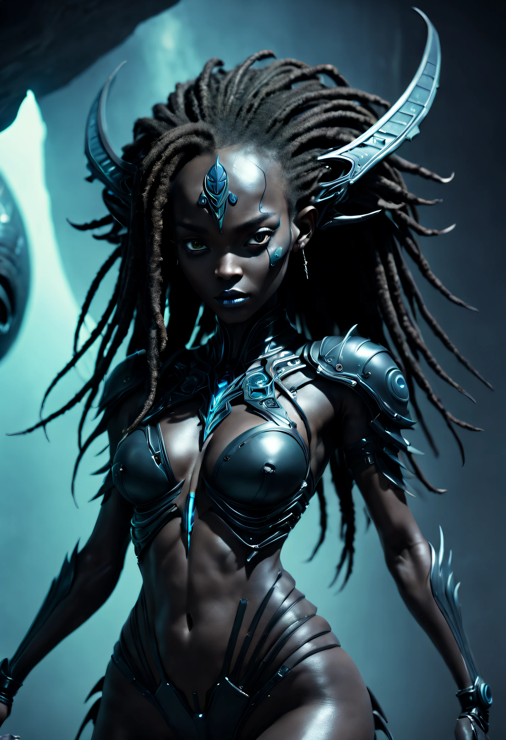 01_Black light. The epic character of alien origin. (1 creature). (Close-up). (Full growth). (The atmosphere of the movie “Alien”). Bionic forms, a creature with anthropomorphic characteristics that resembles a girl. A very beautiful creature, walking on two legs, similar to a predator (entomological characteristics of insects). A very beautiful elongated head, alien in shape, (hairstyle - thick dreadlocks, fetish in hair- teeth, shamanic amulets). Very beautiful - exotic face, slanted eyes, wide cheekbones, sensual lips, slightly open mouth, white - neat teeth, small fangs. General style – Alien woman; (film of the same name). A half-naked body with dark - black skin, a wide neckline, and small - beautiful breasts, the body is covered with an exoskeleton, scars, hard black scales, the texture of the exoskeleton with artificial material (stone plastic and bionics, ground, polished, smooth, bas-relief, bionics, cyberpunk – they decorate protective plates on a very beautiful body, shoulders, knees, arms). The anatomy of an alien creature with pronounced sexual forms, an elegant physique, small breasts in a wide neckline, a muscular system, smooth dark skin, covered with armor - an exoskeleton. The armor is decorated with scars - notches, relic bas-reliefs of alien meaning - the skulls of victims. Blacklight penetrates the forms from within. The whole picture embodies the black theme, black glow, antimatter, space - like symbol of black infinity. 02_Highest quality. Masterpiece. Cinematic image. 3D visualization. The scene was recreated using Unreal Engine. The highest quality, details, textures, materials, and clear forms (smooth bionic, synthetic material, artificial stone, plastic, metal). Black radiance from the depths of forms, an alien ship, an alien civilization, alien worlds. One creature. Frontal camera view, perspective, with watery ceilings, deep grotto, and membrane floor.