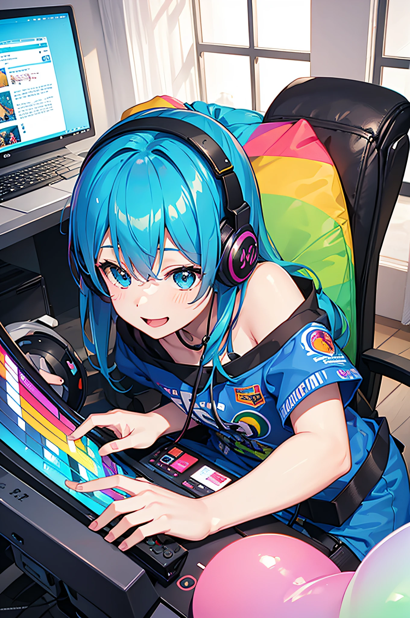 Play games on your computer、Wearing headphones、rainbow colored computer、face with smile、