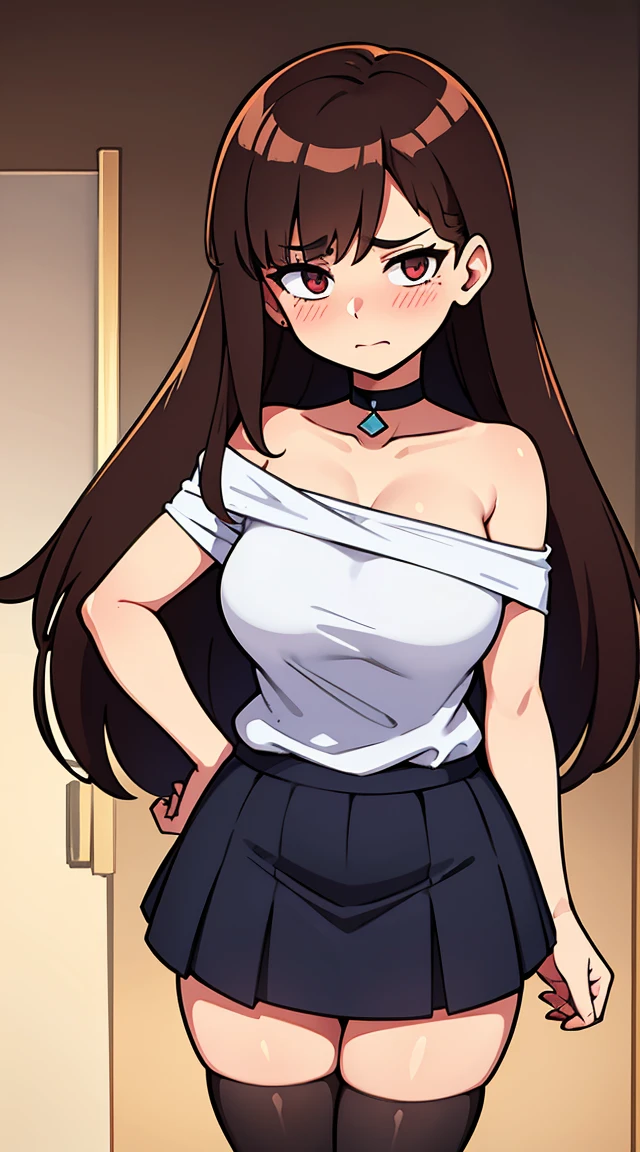Brown_long_hair, 1girl, hair_over_one_eye, blush_on_cheeks, excited, embarased, ashamed, shy, turned_on, closed_mouth, black_choker, red_shoulder-length_shirt , open_shoulders!! open_breasts!!.tiny_blue_skirt, white_transparent_panties, visible_panties, perfect_quality, perfect_high_resolution, massive_sexy_breasts, thick_thighs, filthy_mind, best noise removal, baby bump