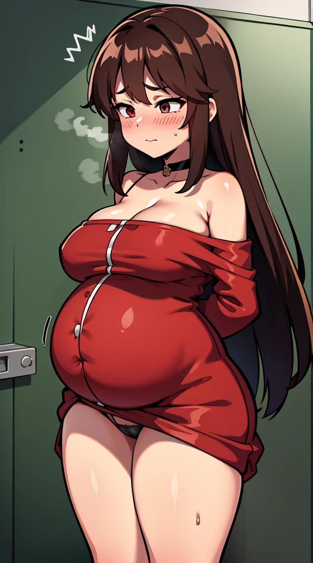 Brown_long_hair, 1girl, hair_over_one_eye, blush_on_cheeks, excited, embarased, ashamed, shy, turned_on, closed_mouth, black_choker, red_shoulder-length_shirt , open_shoulders!! open_breasts!!.tiny_blue_skirt, white_transparent_panties, visible_panties, perfect_quality, perfect_high_resolution, massive_sexy_breasts, thick_thighs, filthy_mind, best noise removal, pussy peek, pregnant under clothes