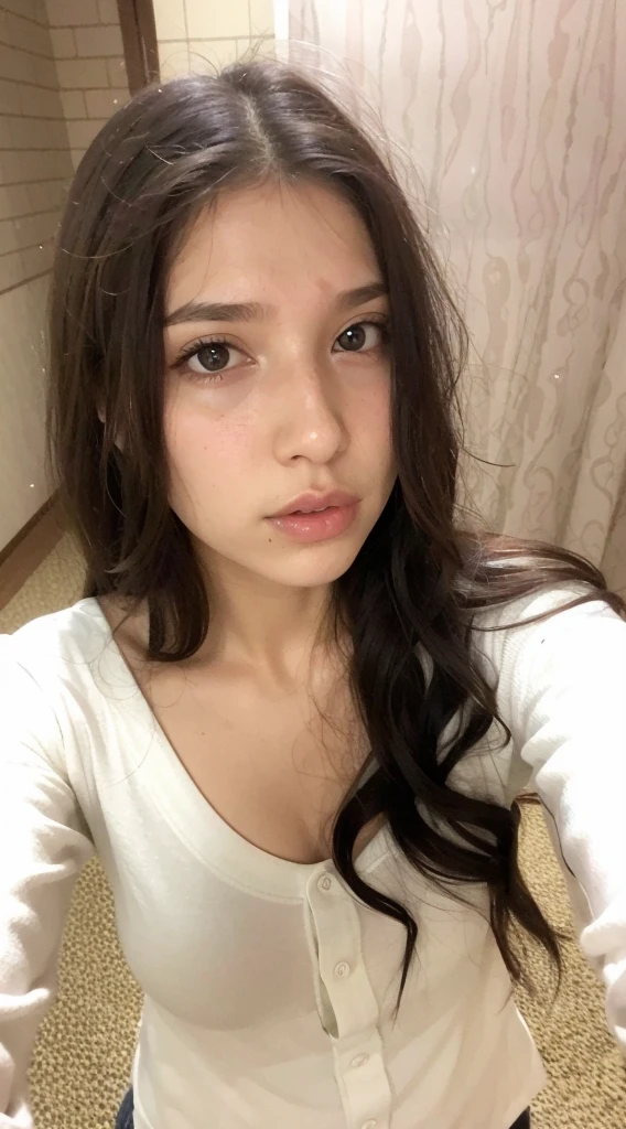 arafed woman with long hair and a white shirt taking a selfie, without makeup, 18 years old, perfect face ), 19-year-old girl, anna nikonova aka newmilky, pokimane, anastasia ovchinnikova, 2 , 8k selfie photograph, brown hair and large eyes, black hair and large eyes
