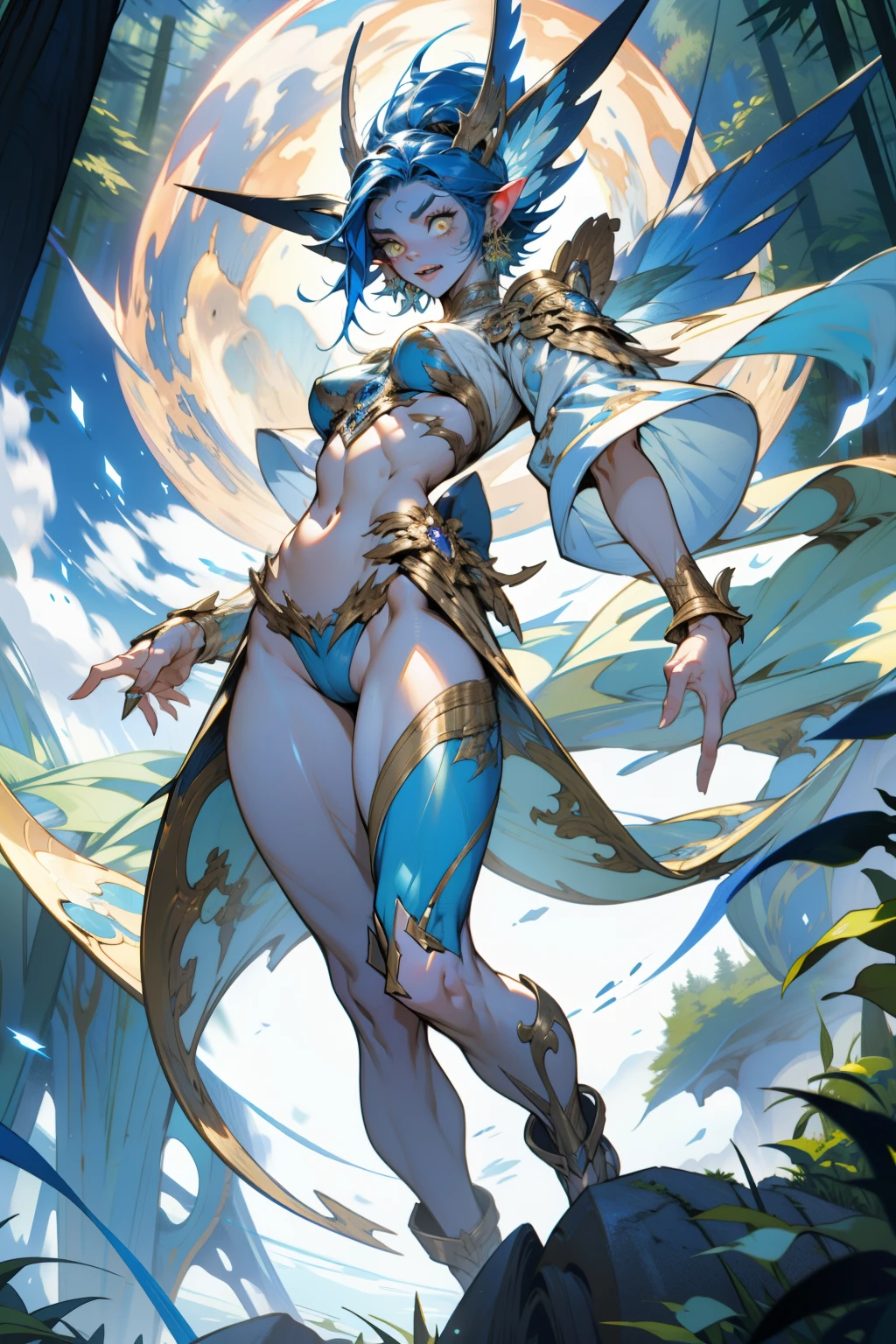 (masterpiece, best quality, high quality), RAW photo, (good body, good proportion, good anatomy, good fingers, good hands), detailed skin, detailed face, blue skin:1.2, Neytiri, avatar \(movie\), bracelet, yellow eyes:1.4, jewelry, forest, jungle, clouds, fog, floating island, depth of field photo of (sks woman:1), Billie Eilish, (18 year old), small breasts, nude, with bow in hand, full body in view, (small boobs), ultra skinny, athletic, muscular, pubic hair, exposed vagina, light smile, underboob strap, headstrap, skinny hips, mad baring teeth,
