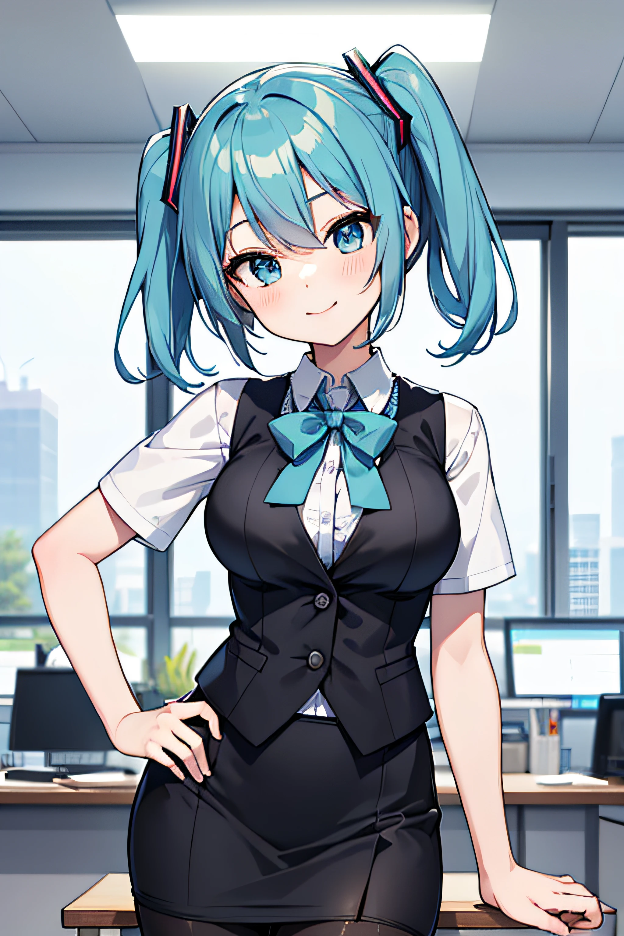 ​masterpiece、Top image quality、超A high resolution、miku hatsune、blue hairs、Twin-tailed、Short hair、Smile、OL Costume、White dress shirts、Plaid vest、pencil skirts、firm breasts、well-shaped breasts、Black pantyhose、Employee ID card hanging from the neck、Office