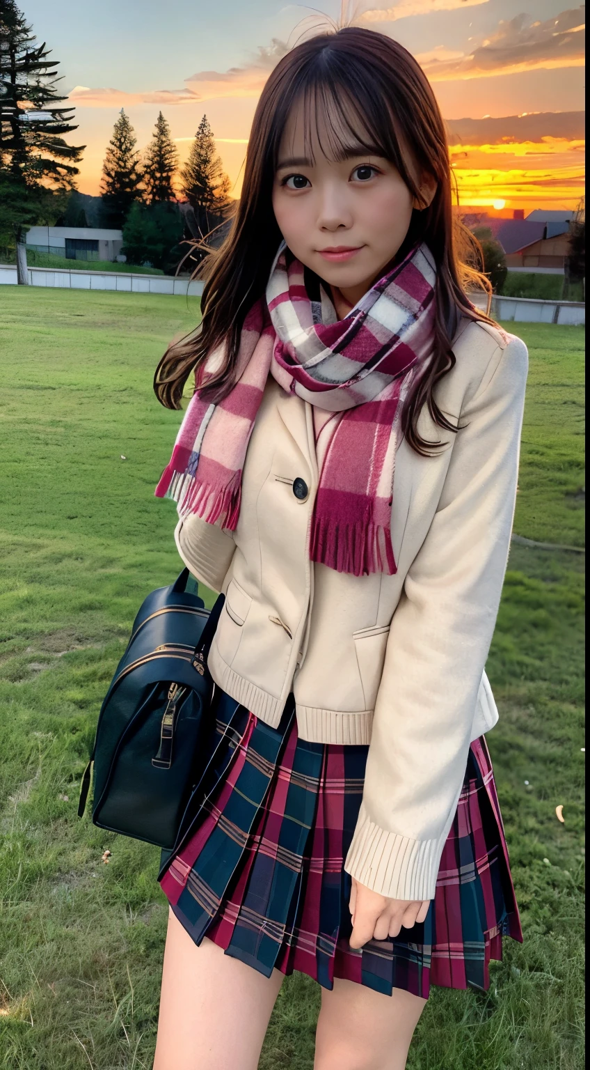 standing, hand between legs, 1girl, scarf, bag, plaid scarf, school bag, sunset, school uniform, skirt, red scarf, pleated skirt, jacket, blush, embarrassed, sunset, outdoors, evening, grass, dusk, twilight, from below, angry, wavy mouth,