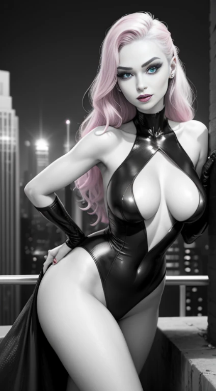 shot below eye level, black and white photorealism, handsome girl, Cyan eyes, pink lips, Slender figure, I'm standing on the roof of a high-rise building, endearing smile, Catwoman, The perfect female face, A detailed eye, long eyelashes